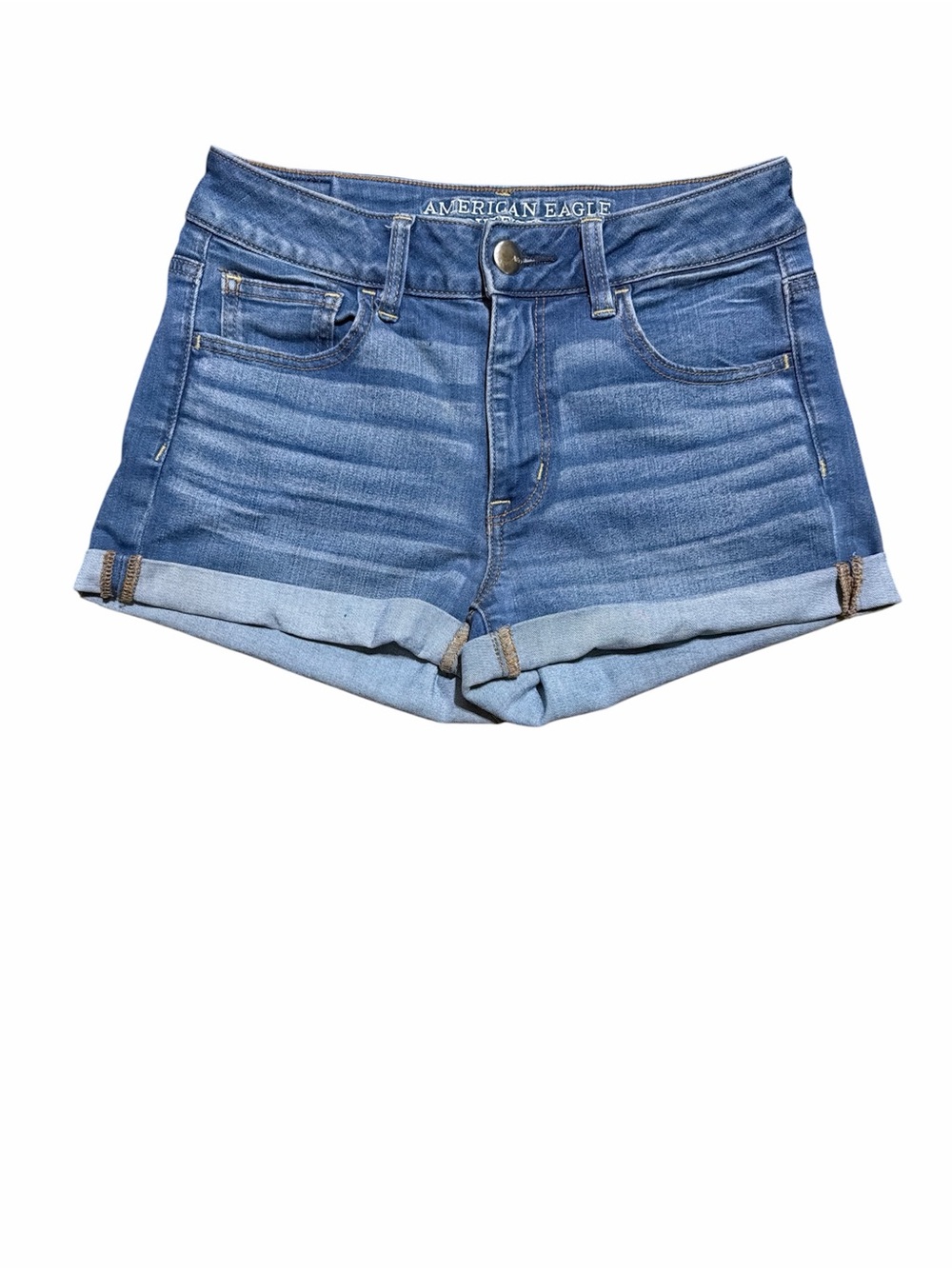 American Eagle High Rise Shortie Denim Shorts Size 4 Super Stretch Rolled Cuff
